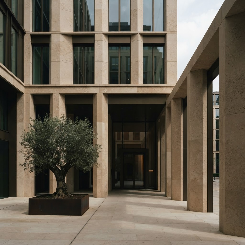 Sculptural limestone civic building with a quiet courtyard